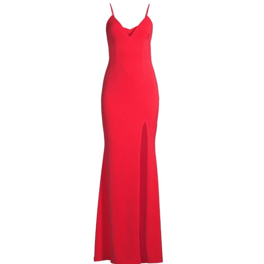 new KATIE MAY lipstick red bright Lilianne sexy high slit long maxi gown dress